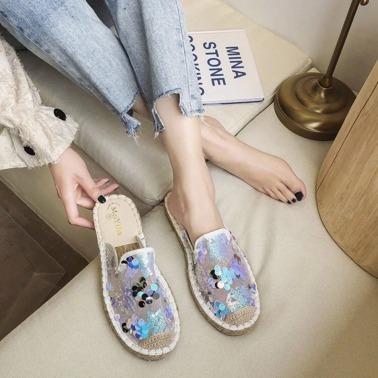 Net Red Slippers Women's Summer 2020 New Style All-match Flat Women's Retro Baotou Half Slippers Fashion Sequined Muller Shoes