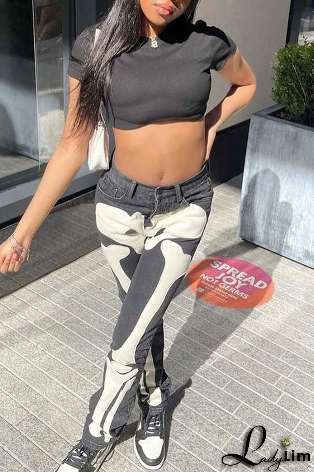 Black Casual Street Print Patchwork High Waist Denim Jeans