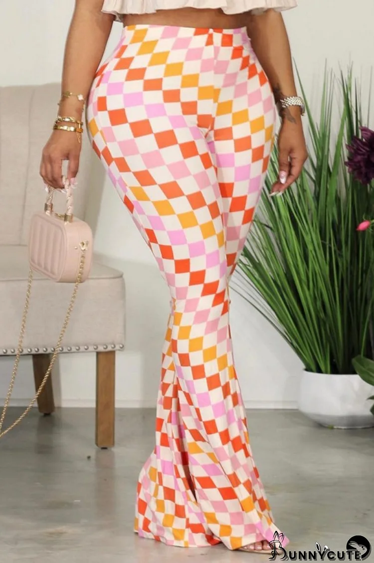 Orange Casual Print Basic Regular High Waist Conventional Full Print Trousers