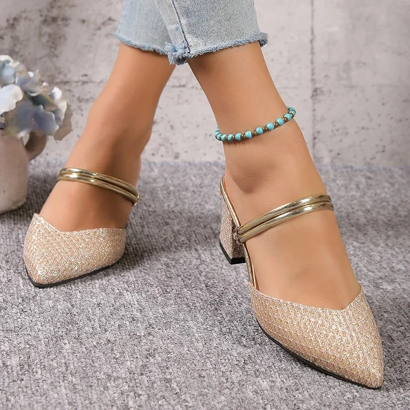 Blankf Silver Bling High Heel Pumps Women Fashion Back Strap Slip-On Party Shoes Woman Pointed Toe Slingbacks Thick-Heeled Shoes