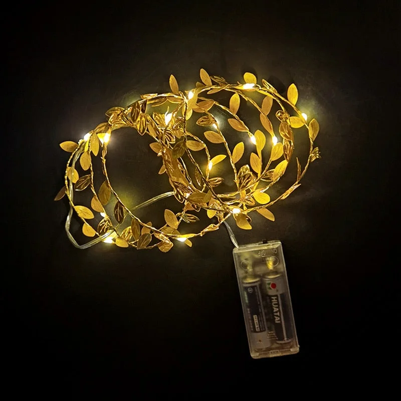 2M 20LED Green Leaf Garland Fairy LED String Lights Artificial Leaf Vine for Christmas Home Wedding Birthday Party Decorations