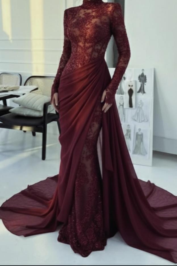 Lussooy Glamorous Burgundy Lace High Neck Long Sleeves Evening Dress With Appliques