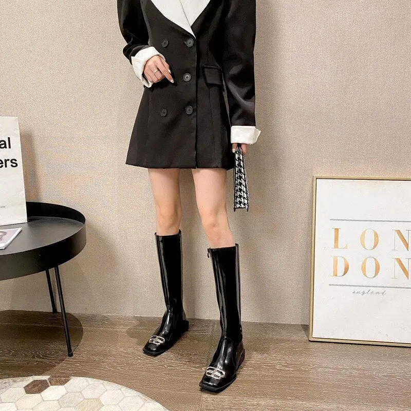 Fall Patent Leather Martin Boots 2021 Metal Button Female Long Single Boot Casual Square Toe Low-heel Women's Short Boots
