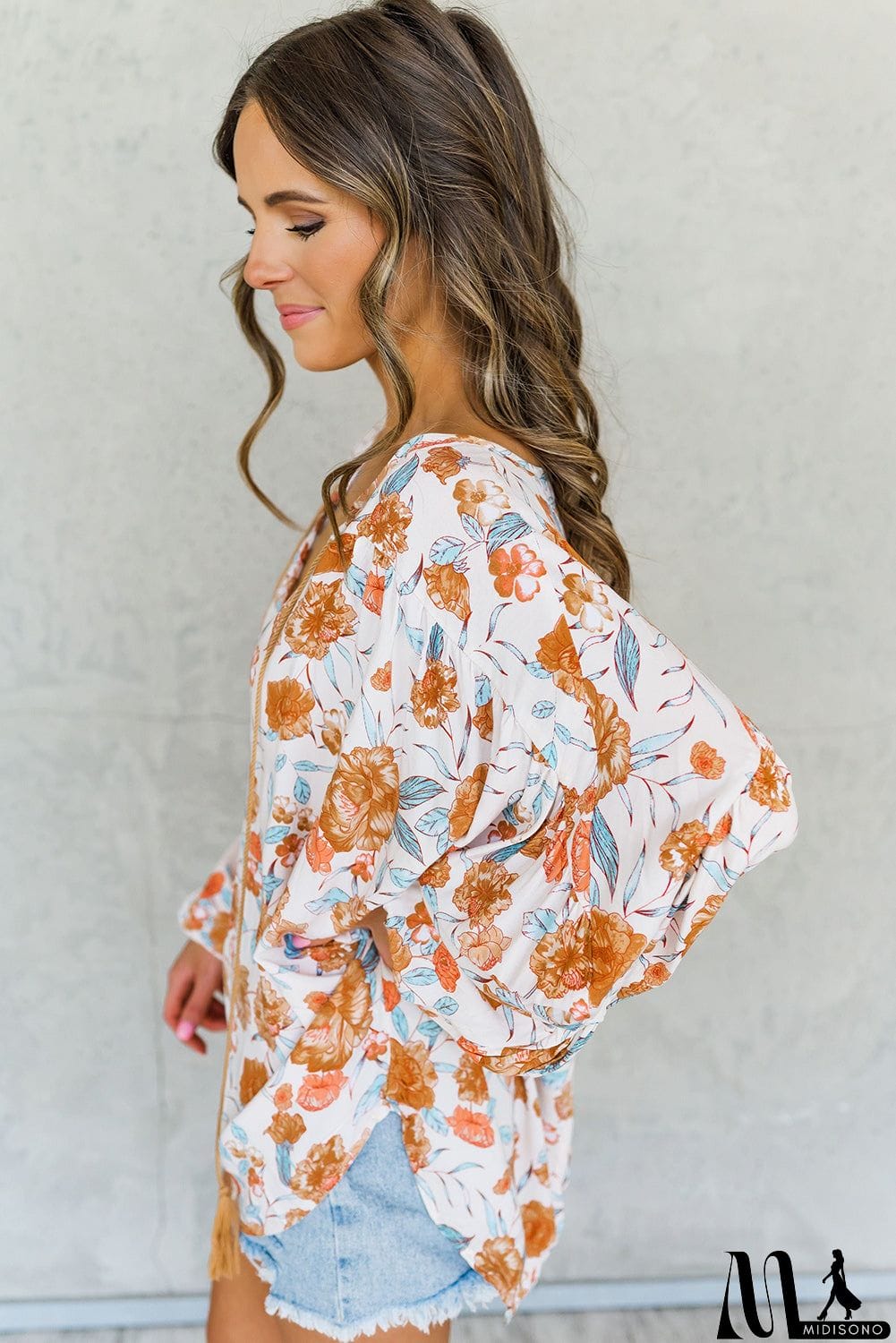 MidiSono - Split V Neck Floral Print Dolman Blouse
