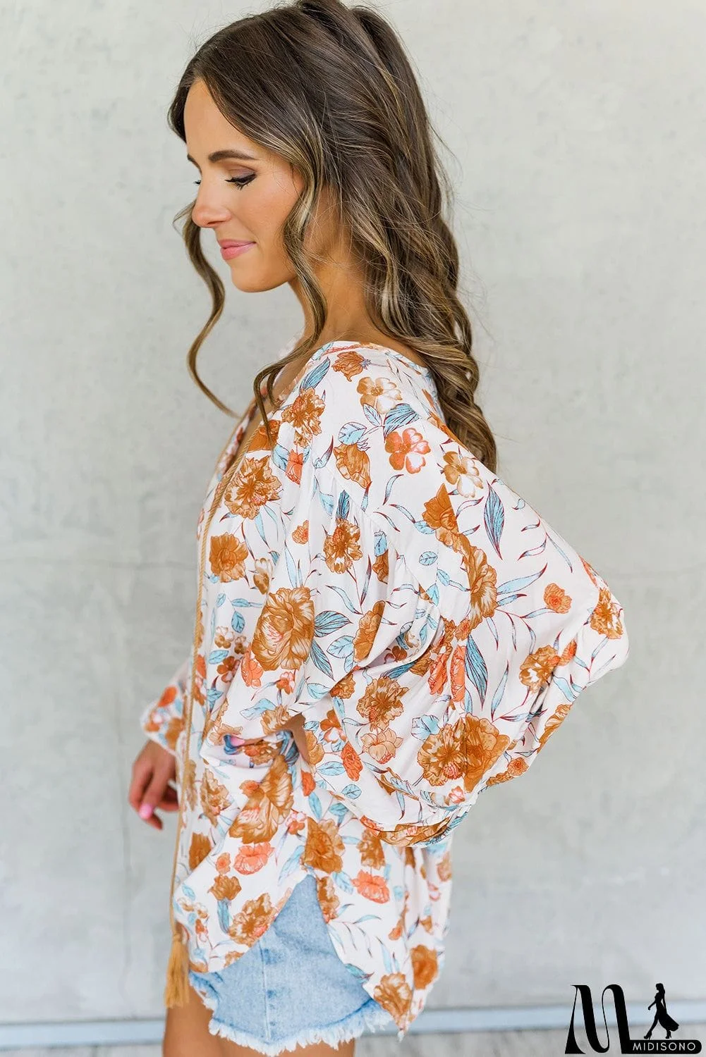 MidiSono - Split V Neck Floral Print Dolman Blouse