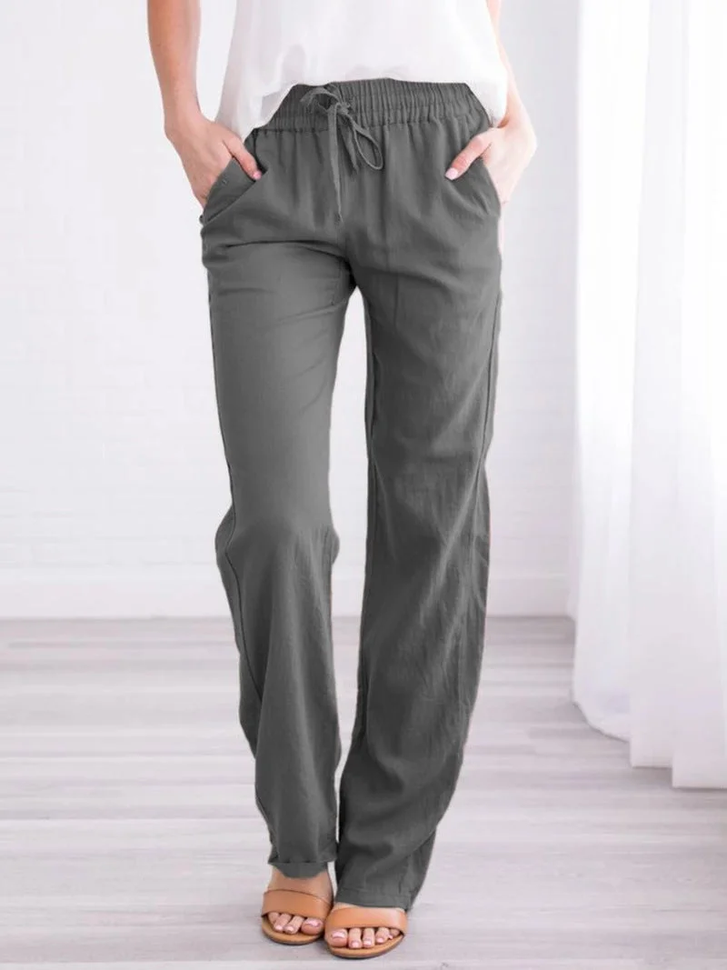 Brownm Temperament Commute Solid Color Cotton Linen Drawstring Loose Casual Wide-leg Trousers