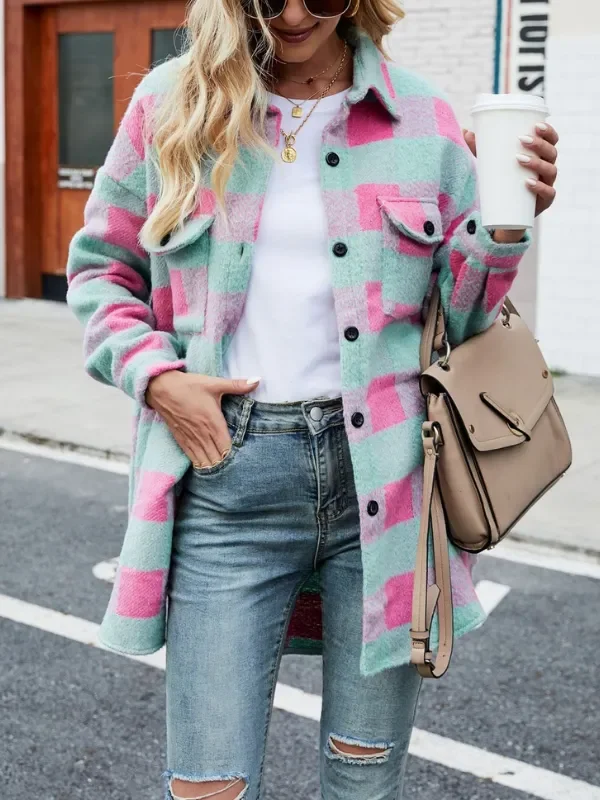 Womens Plaid Jacket Lapel Single Breasted Check Shacket with Pocket