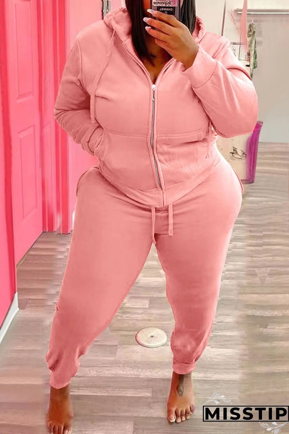 Black Fashion Casual Letter Print Basic Hooded Collar Plus Size Two Pieces