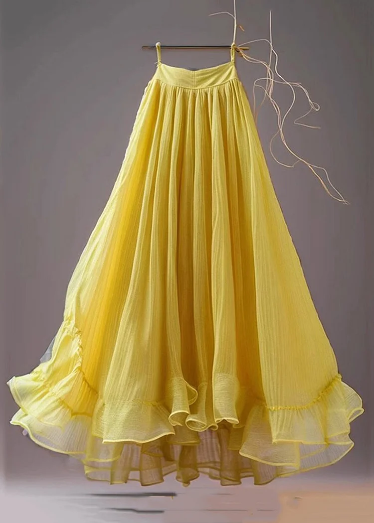 New Yellow Solid High Waist Chiffon Skirts Summer