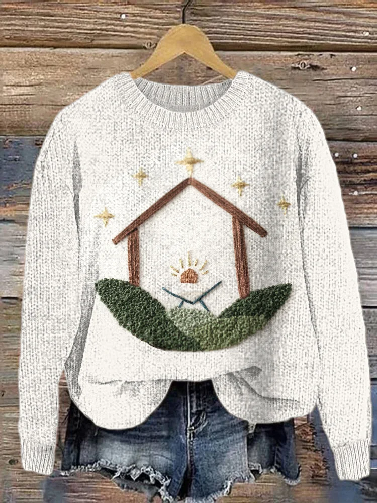 Jesus Christmas Embroidery Art Casual Cozy Knit Sweater