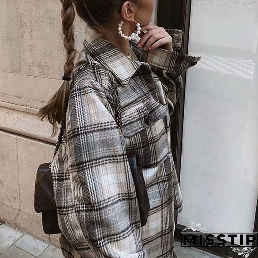 Classic Thick Colorblock Checked Button Down Shirt Jacket Woolen