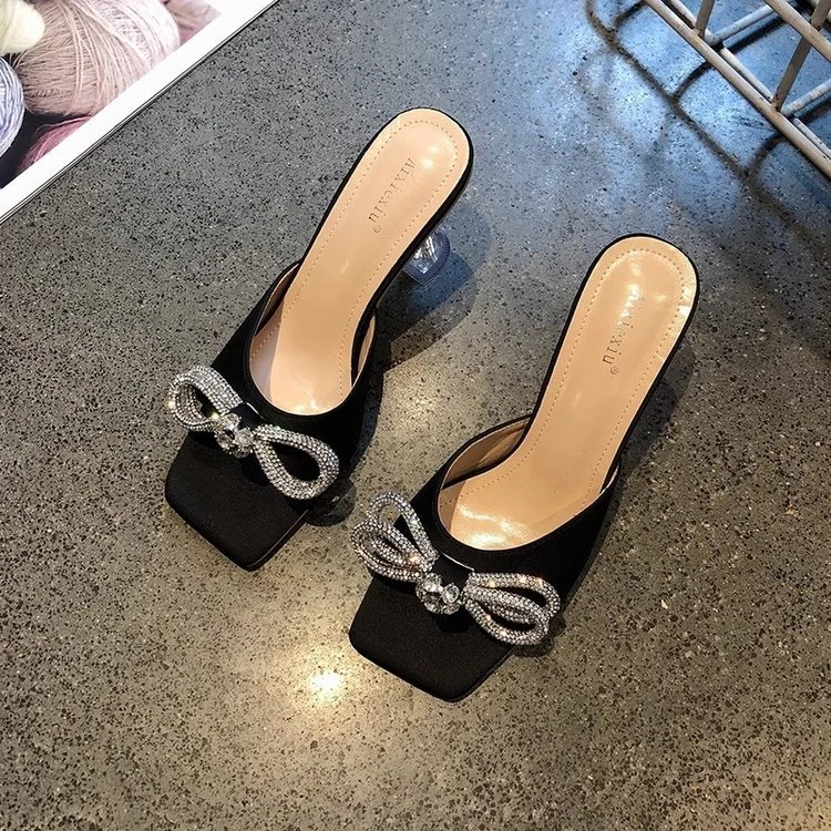 Wongn Wongn Women's Shoes 2024 Summer New One-Line Bow High With Cool Drag Thin Heel Slippers