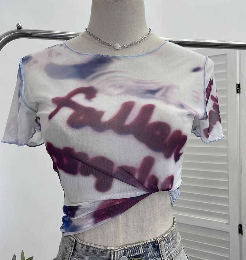 Uveng Single-Layer Thin Mesh Tie-Dye-Repair Short-Sleeved T-Shirt For Girls Summer Short-Sleeved Hottie Top 9917