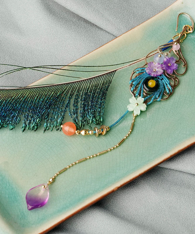 VCSHOES Blue Peacock Feather Crystal Pearl Tassel Drop Earrings