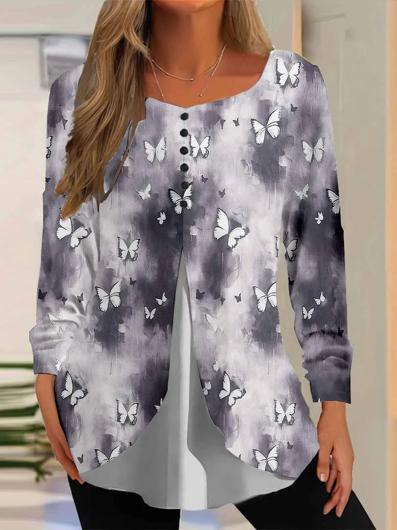 Women Graphic,Black DZGG8312 Long Sleeve Scoop Neck Printed Graphic Button Fake 2in1 Tops