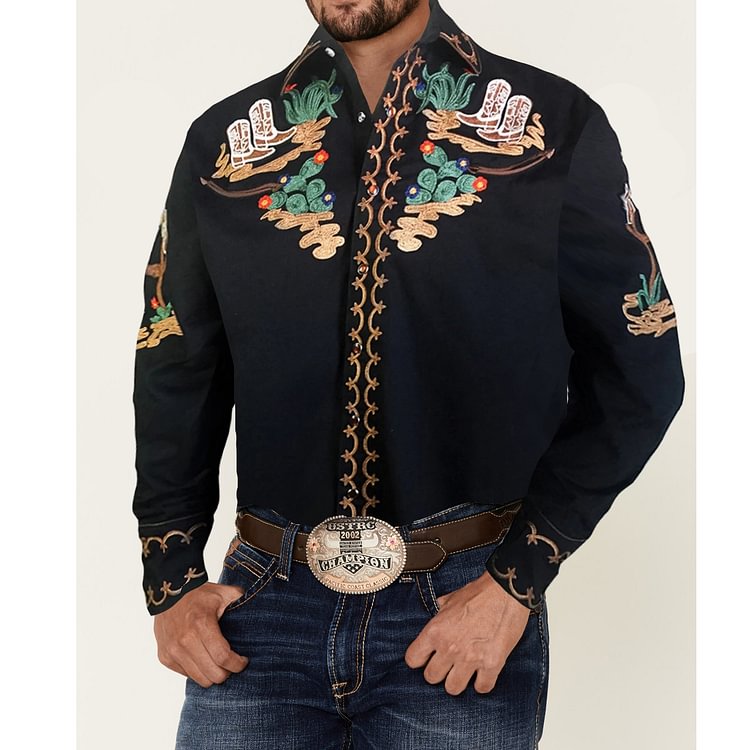 Mens Western Retro Embroidered Shirt