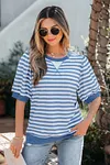 Women's Casual Sky Blue Stripe Short Bubble Sleeve T Shirt