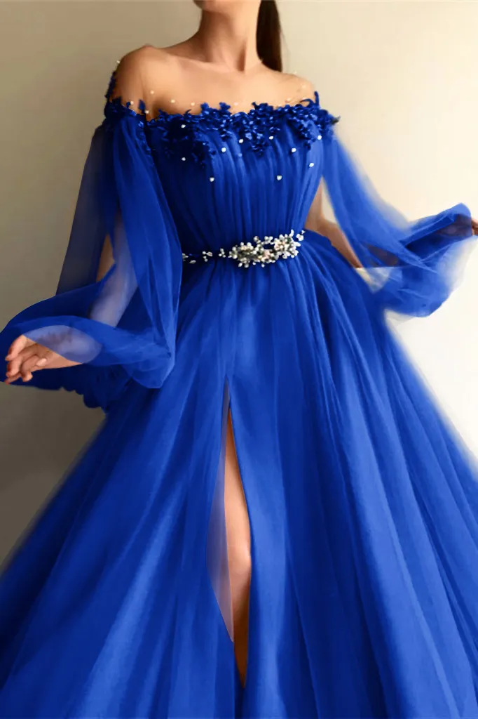 Elegant Blue One Shoulder Beading Long Sleeve Prom Dress With Slit main image 0