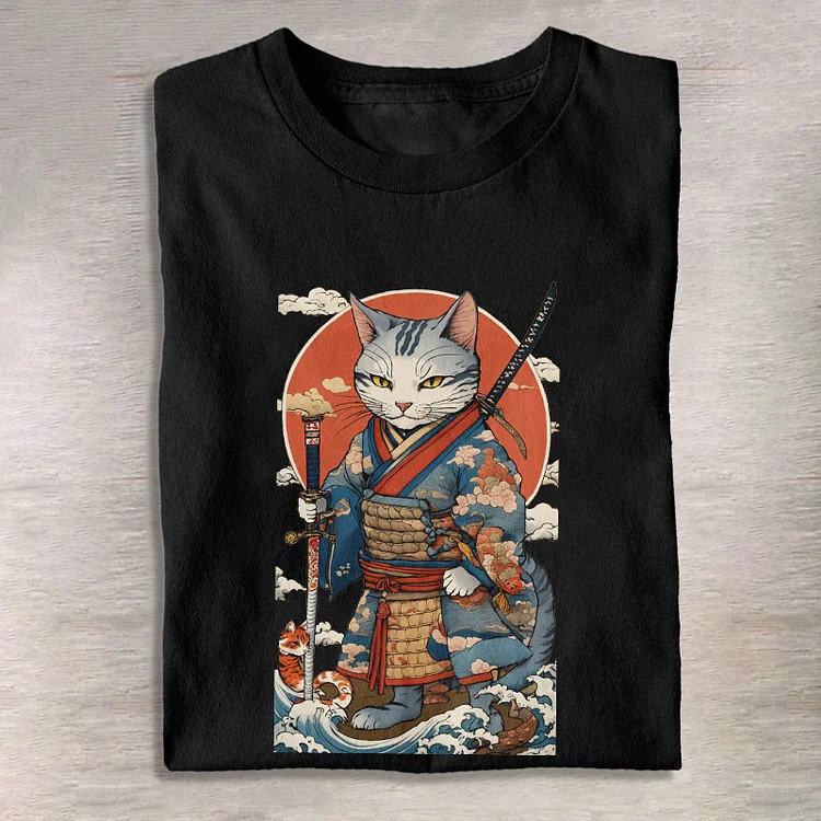 100% Cotton Japanese Ancient Samurai Cat Print T-shirt