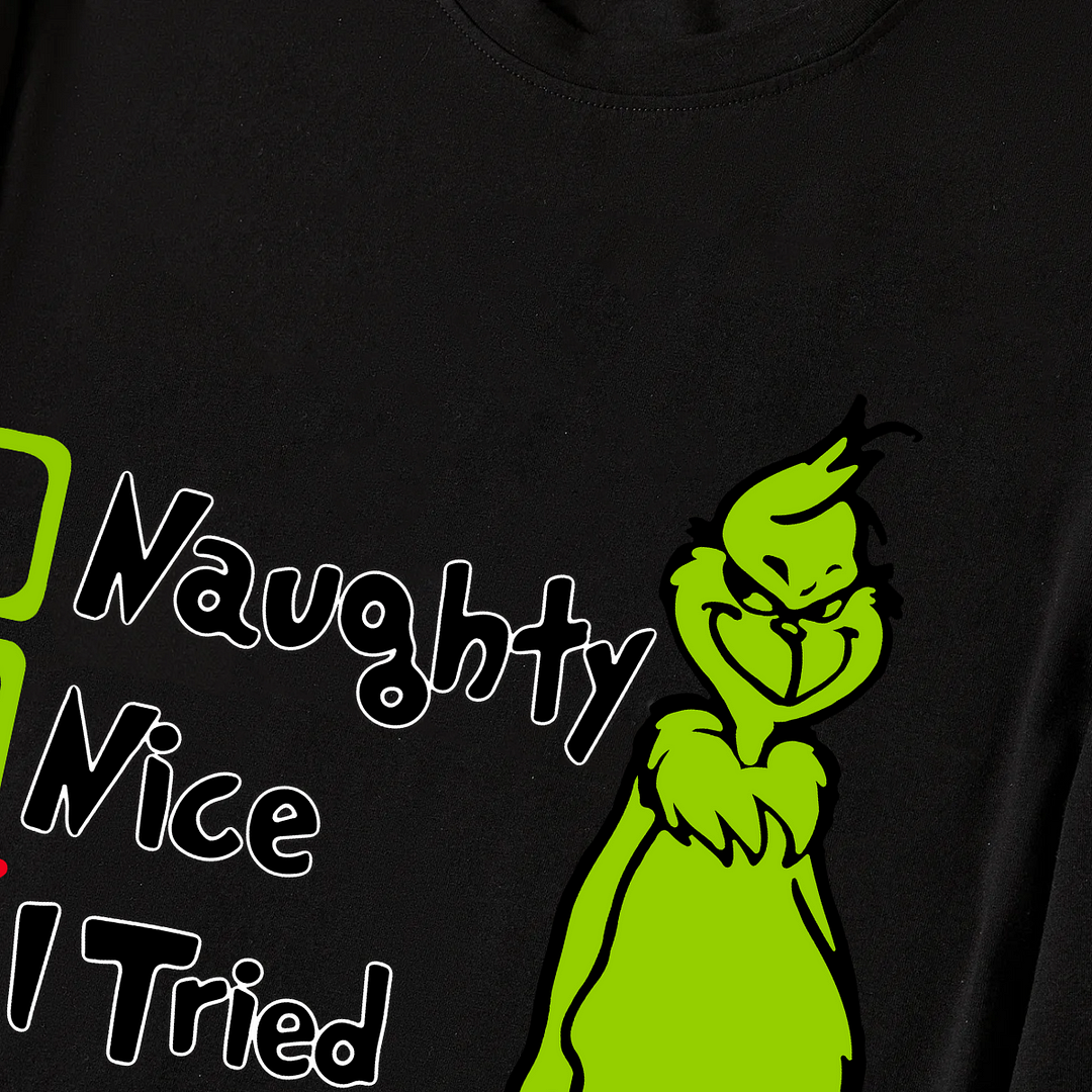 Christmas Cartoon Pattern and Text Print Black Long Sleeve Top with Green and Black Plaid Family Matching Pajamas