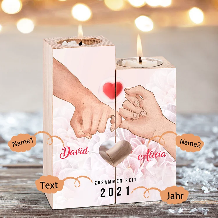 Kettenmachen Personalisierte 2 Namen & Text & Jahr Kerzenhalter- Hölzerne Kerzenständer Hochzeitstag Valentinstag Geschenke