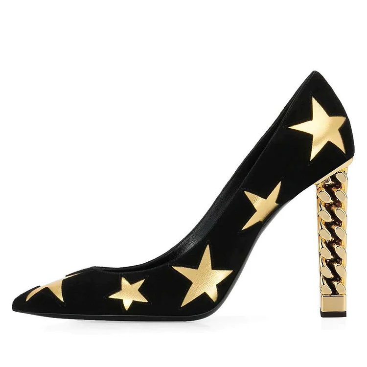Black and Gold  Pointy Toe Chunky Heel Pumps |FSJ Shoes