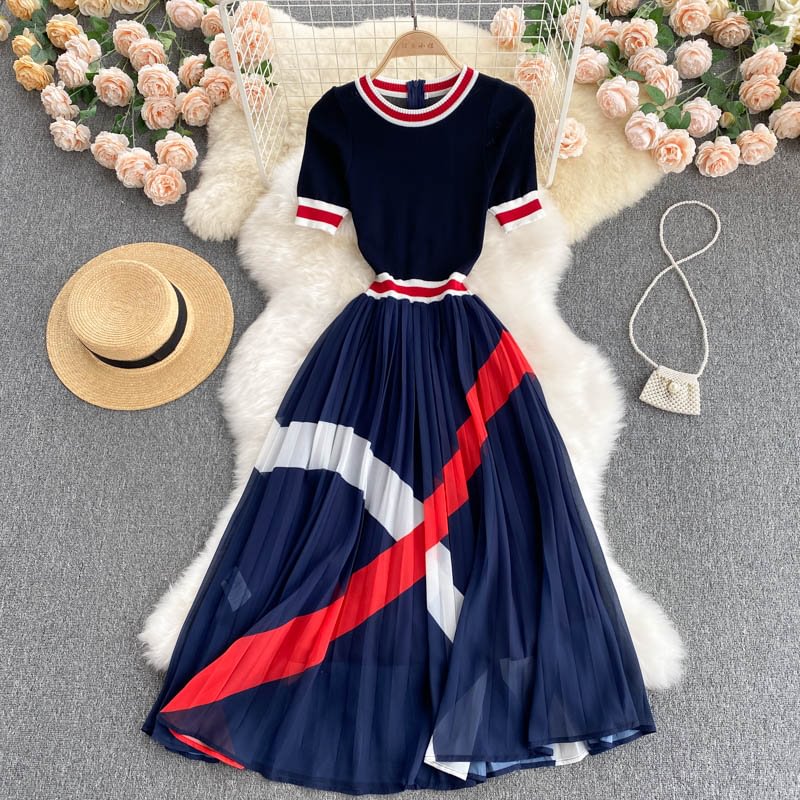 New Summer Was Thin Vestidos Women's Knitted Round Neck Short-sleeved Color Matching Striped Stitching Chiffon Midi Dress KK476