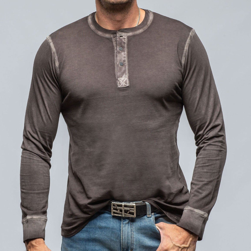 Casual Coffee Cotton Henley Neck Long Sleeve T-Shirt