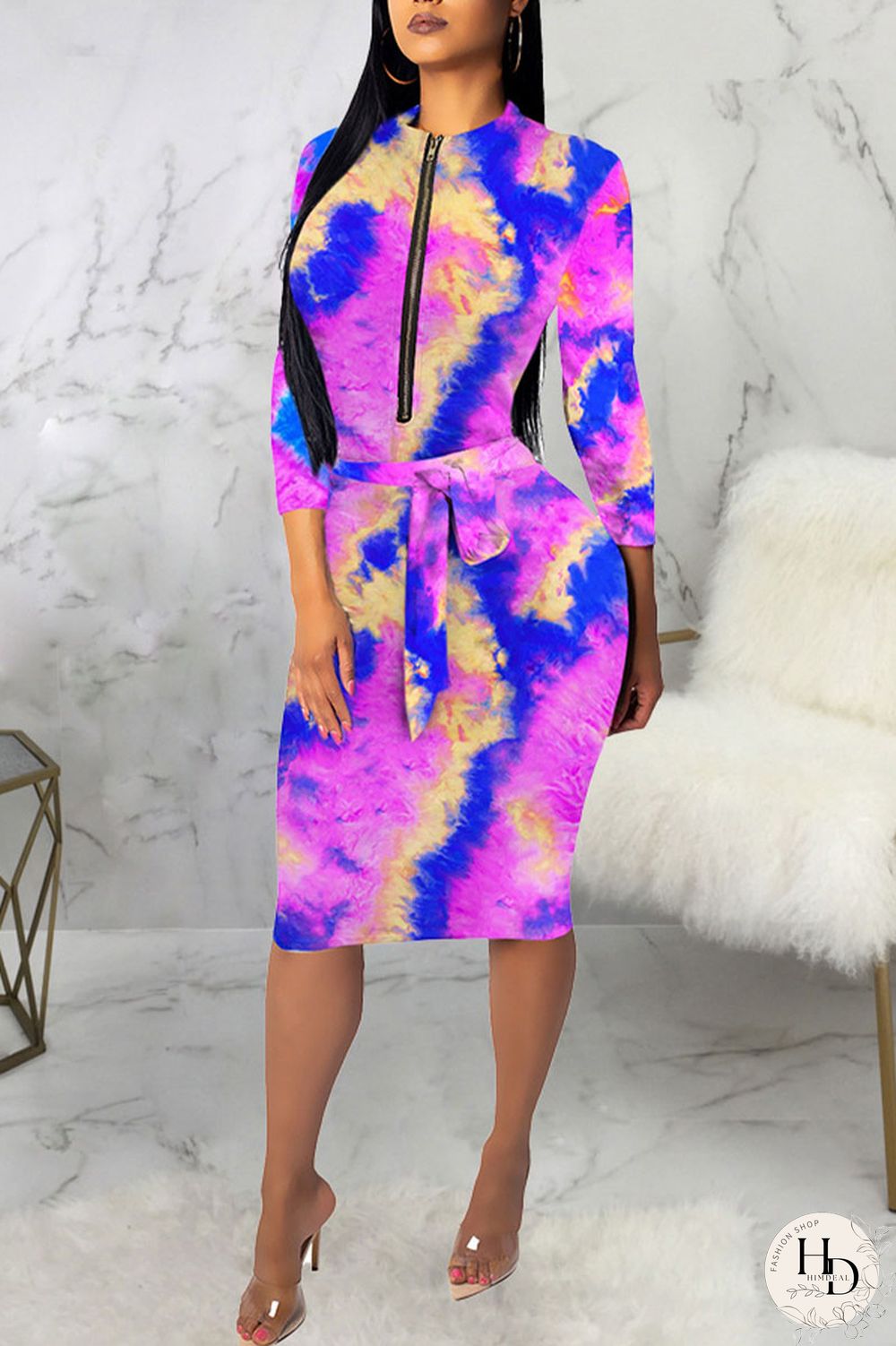 Powder blue Sexy Polyester Tie Dye Split Joint O Neck Long Sleeve Knee Length Long Sleeve Dress Dresses