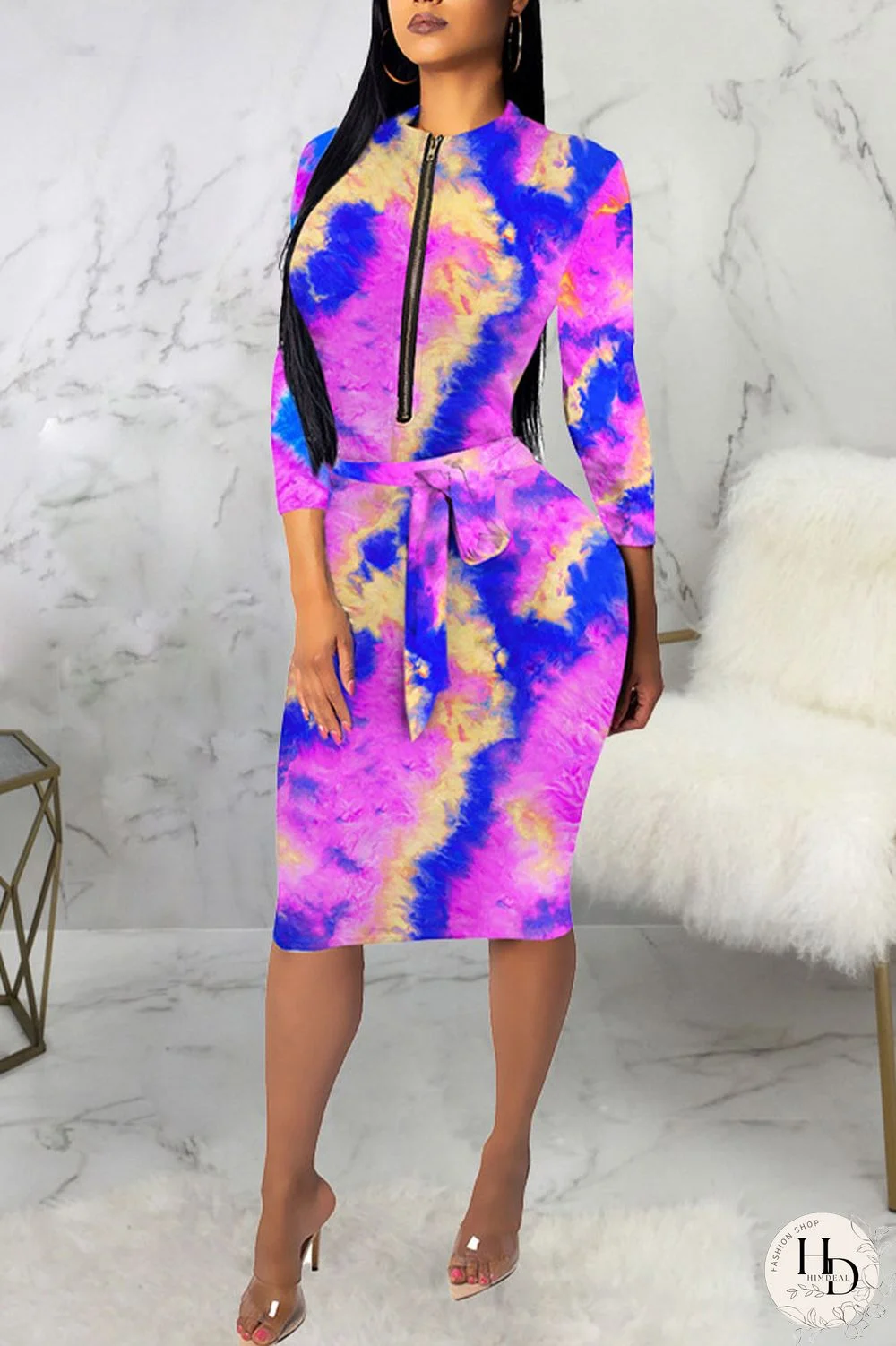 Powder blue Sexy Polyester Tie Dye Split Joint O Neck Long Sleeve Knee Length Long Sleeve Dress Dresses