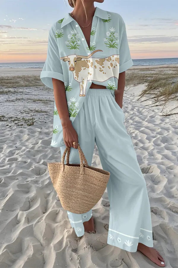 Cow Print Oversized Shirt and Elastic Waist Pocket Pants Set