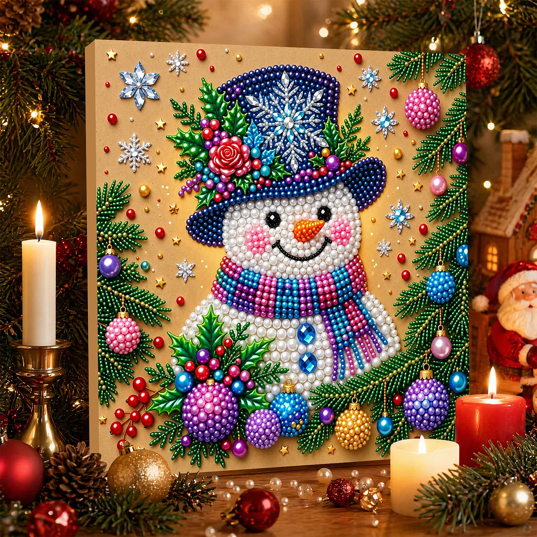 Framed Pearl Painting Kit Snowman with Ornaments 20x20cm