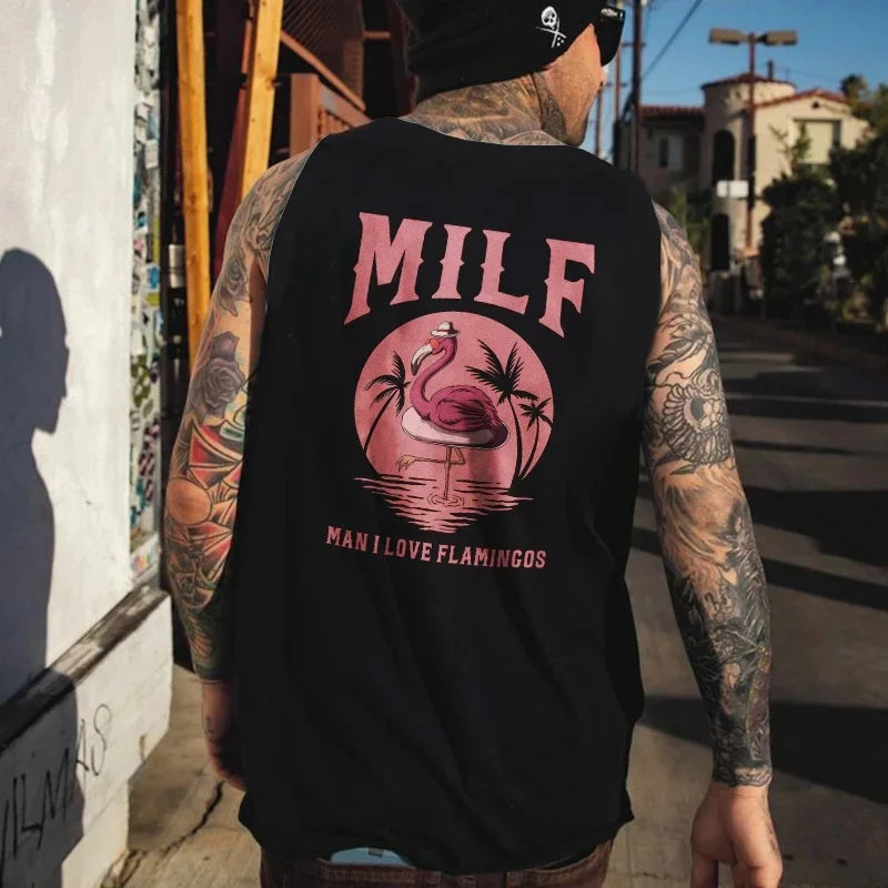 MILF MAN I LOVE FLAMINGOS Black Print Vest