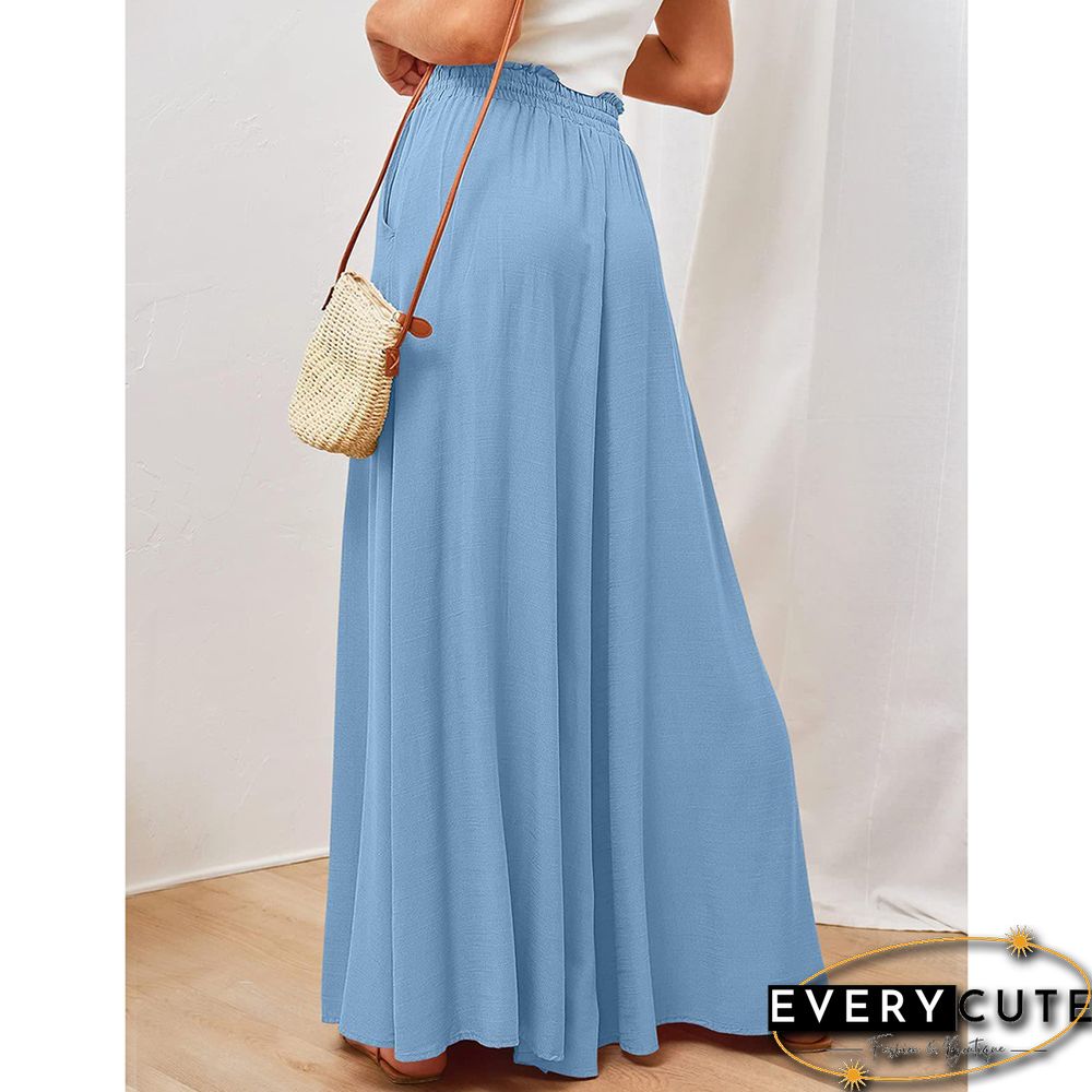Blue High Waist Elastic Waistband Long Culottes