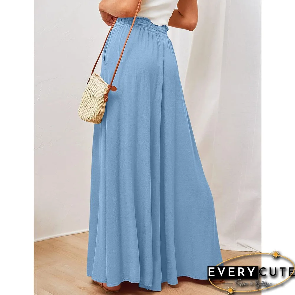Blue High Waist Elastic Waistband Long Culottes