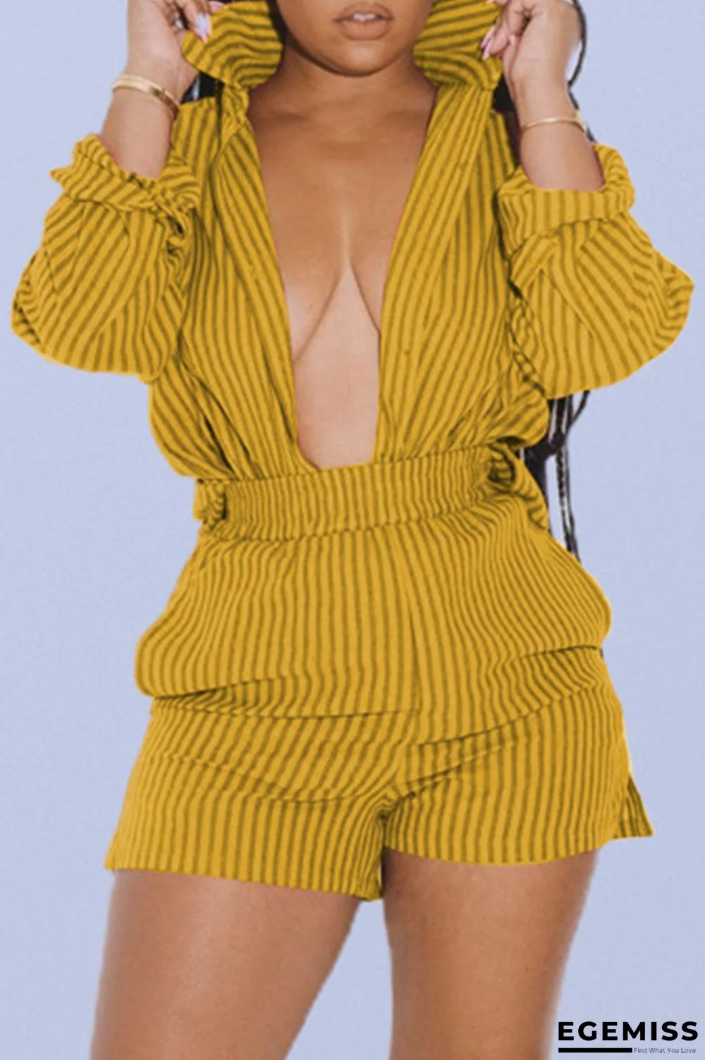 Yellow Fashion Casual Striped Print Basic Turndown Collar Long Sleeve Two Pieces | EGEMISS