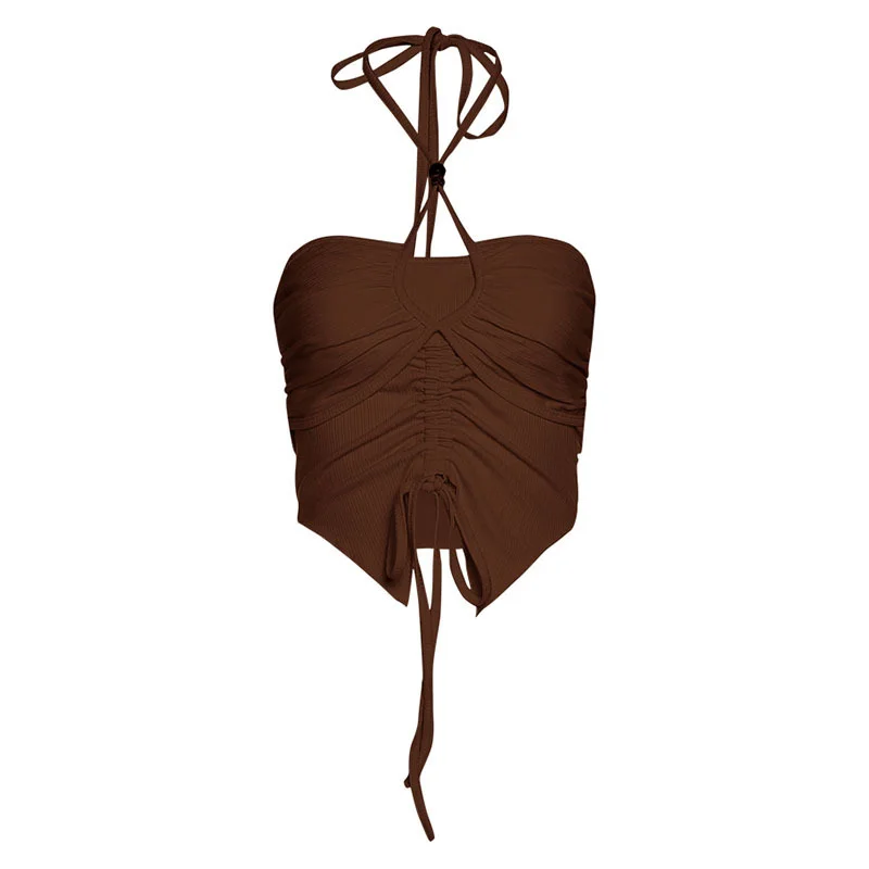 Uveng Spring 2024 New Women's Clothing Solid Color Sexy Strap Hanging Neck Folded Body Open Umbilical Vest