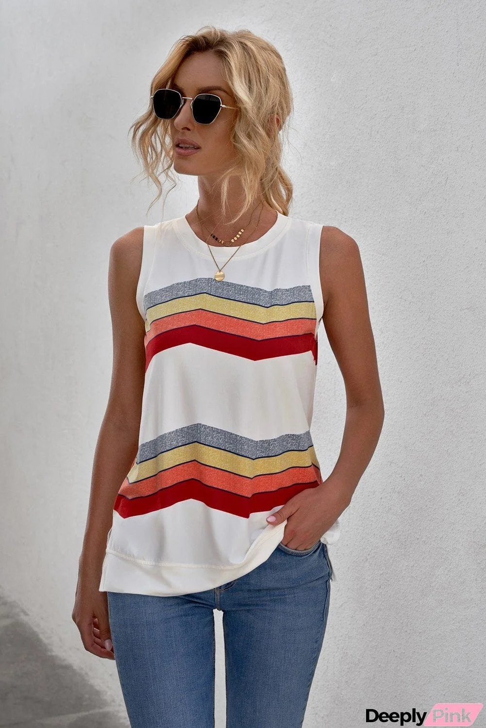 Women's Crew Neck White Colorblock Stripes Tank Top