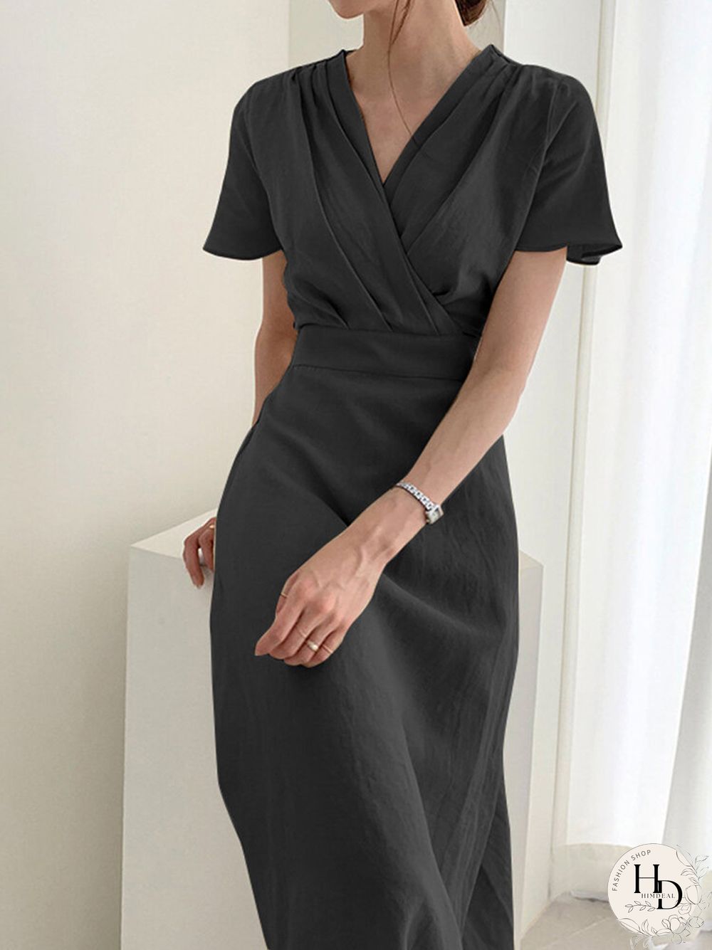 Solid Wrap V-neck Short Sleeve Casual Dress For Women