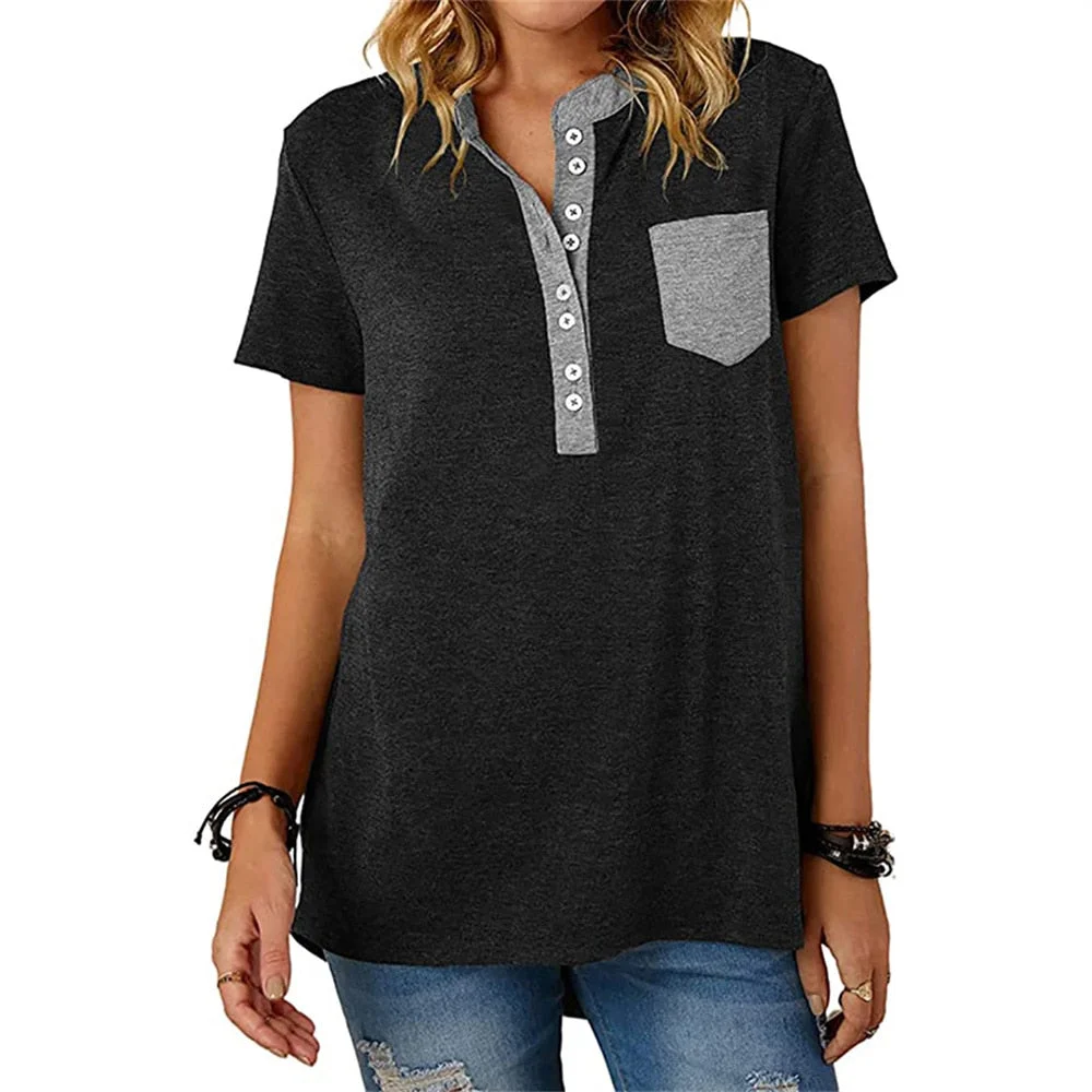 Women Summer V-Neck Stitching Pullover Tops Casual Short Sleeve Button T-Shirt Female Loose Pocket Comfortable Streetwear Tops