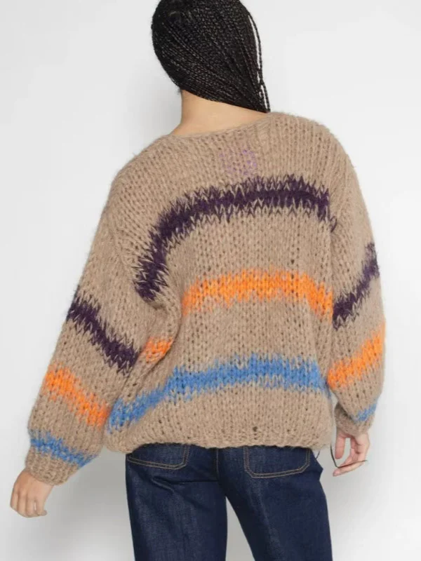 Athvotar Athvotar Autumn And Winter Loose Color Stripe V-Neck Collar Knitted Shirt Long-Sleeved Sweater Woman