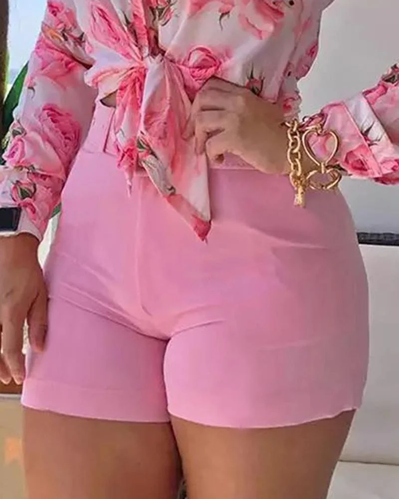 Casual Two Piece Printed Long Sleeve Shirt & Solid Shorts