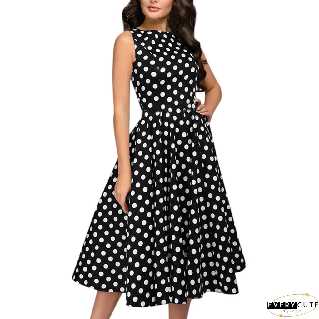 Elegant Polka Dot Print Sleeveless Retro Party Casual Midi Dress