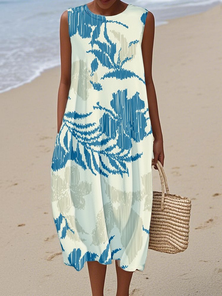 Women's  Vintage flower Print Cotton and Linen Dress