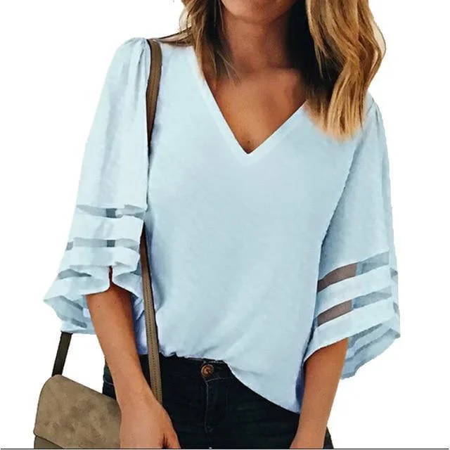 Women V Neck Flared Sleeves Mesh Patchwork Plus Size Casual Loose Mesh Blouse Tops | IFYHOME