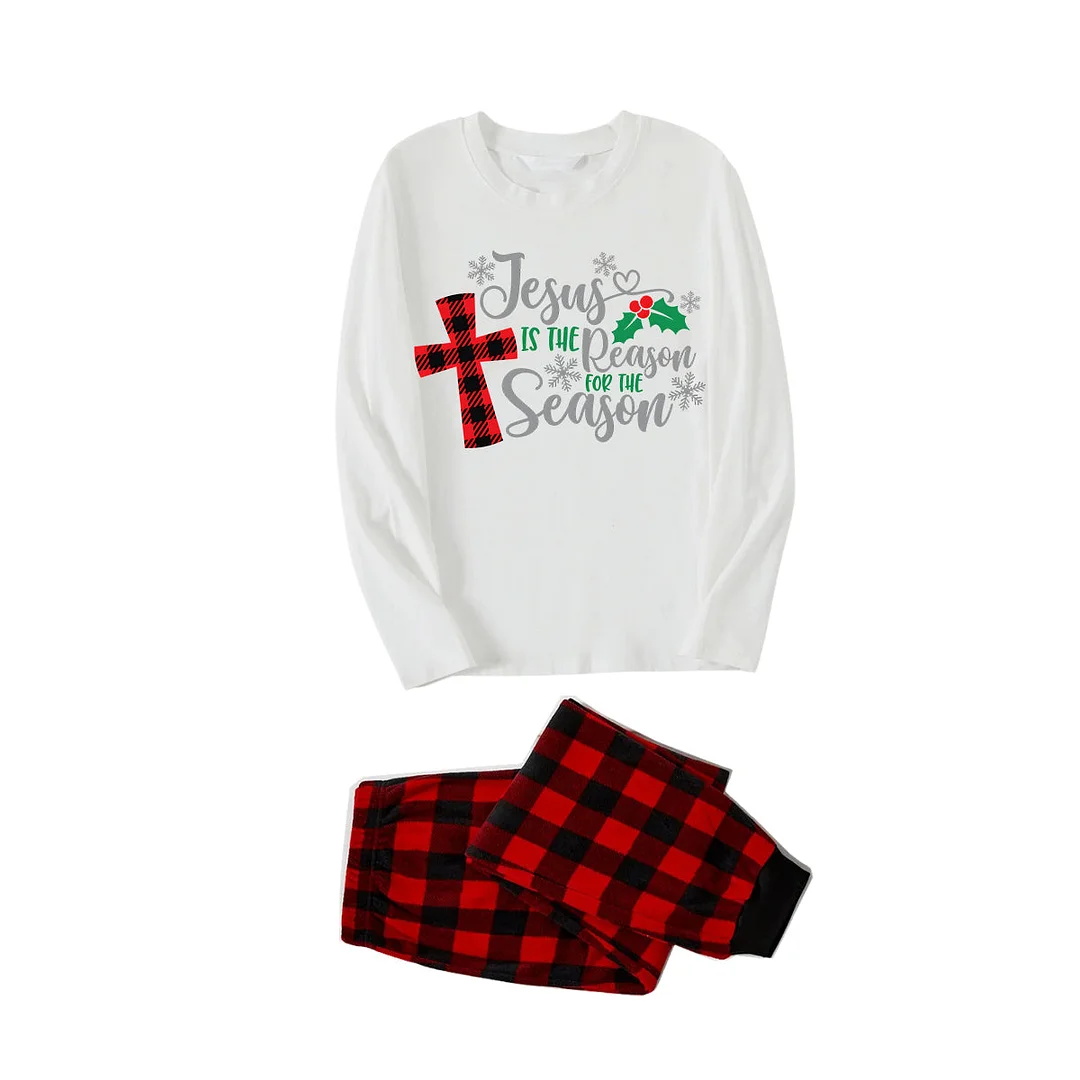 Christmas "Jesus is the Reason of the Season" Letter Print Patterned White Long Sleeve with Black&Red Plaid Pants Family Matching Pajamas