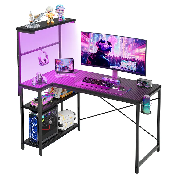 RSPGAME 42 inch L-Shaped Gaming Desk for Small Space, Home Office PC Table with LED Lights