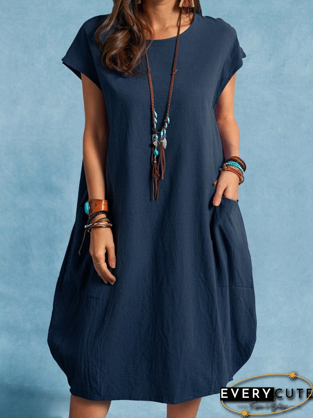 Women'S Dresses Casual Solid Crew Neck Pocket Dress