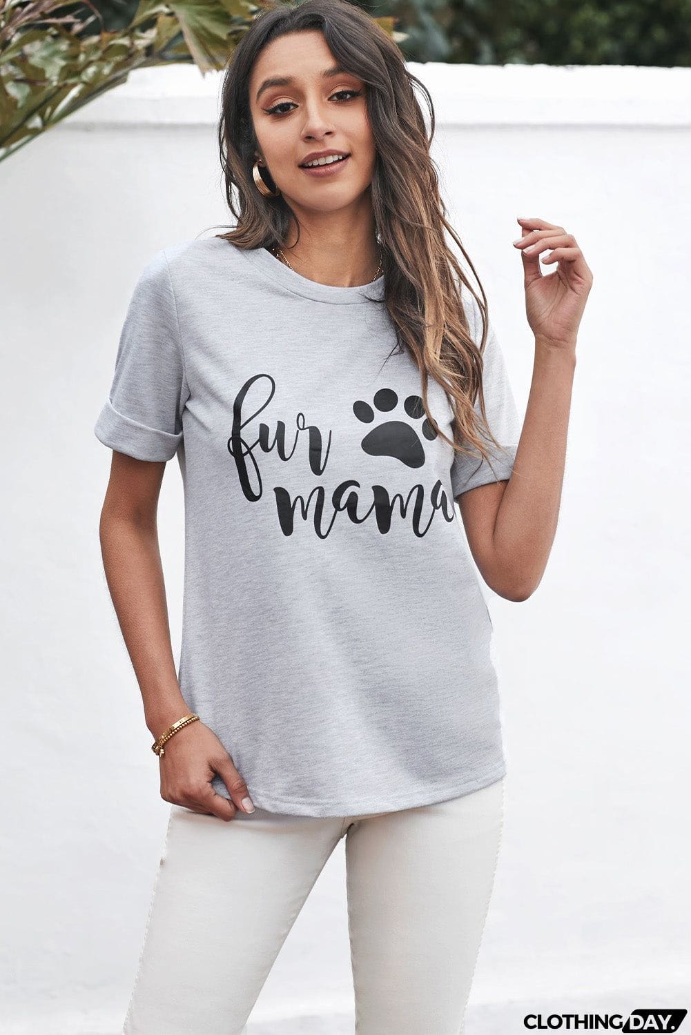 Cute Women Crew Neck Rolled Sleeve Letter Print Tee