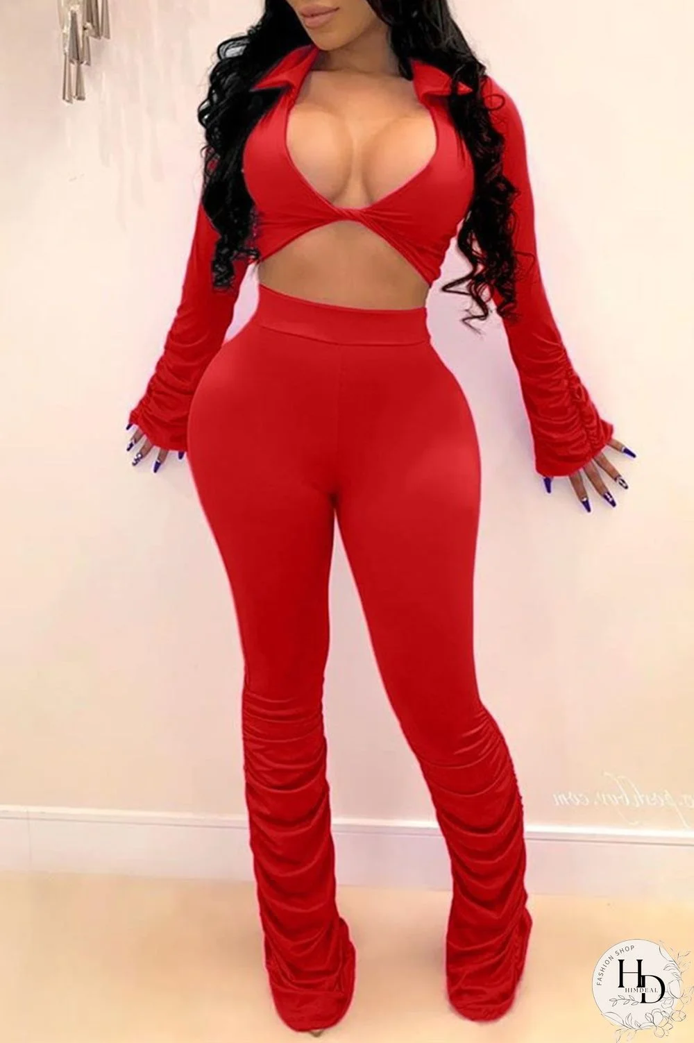 Red Sexy Casual Solid Fold Turndown Collar Long Sleeve Two Pieces